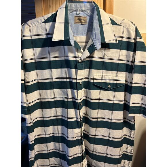 Roper Men’s XL White Green Striped Short Sleeve Pearl Snap Cotton Western Shirt - Picture 2 of 12